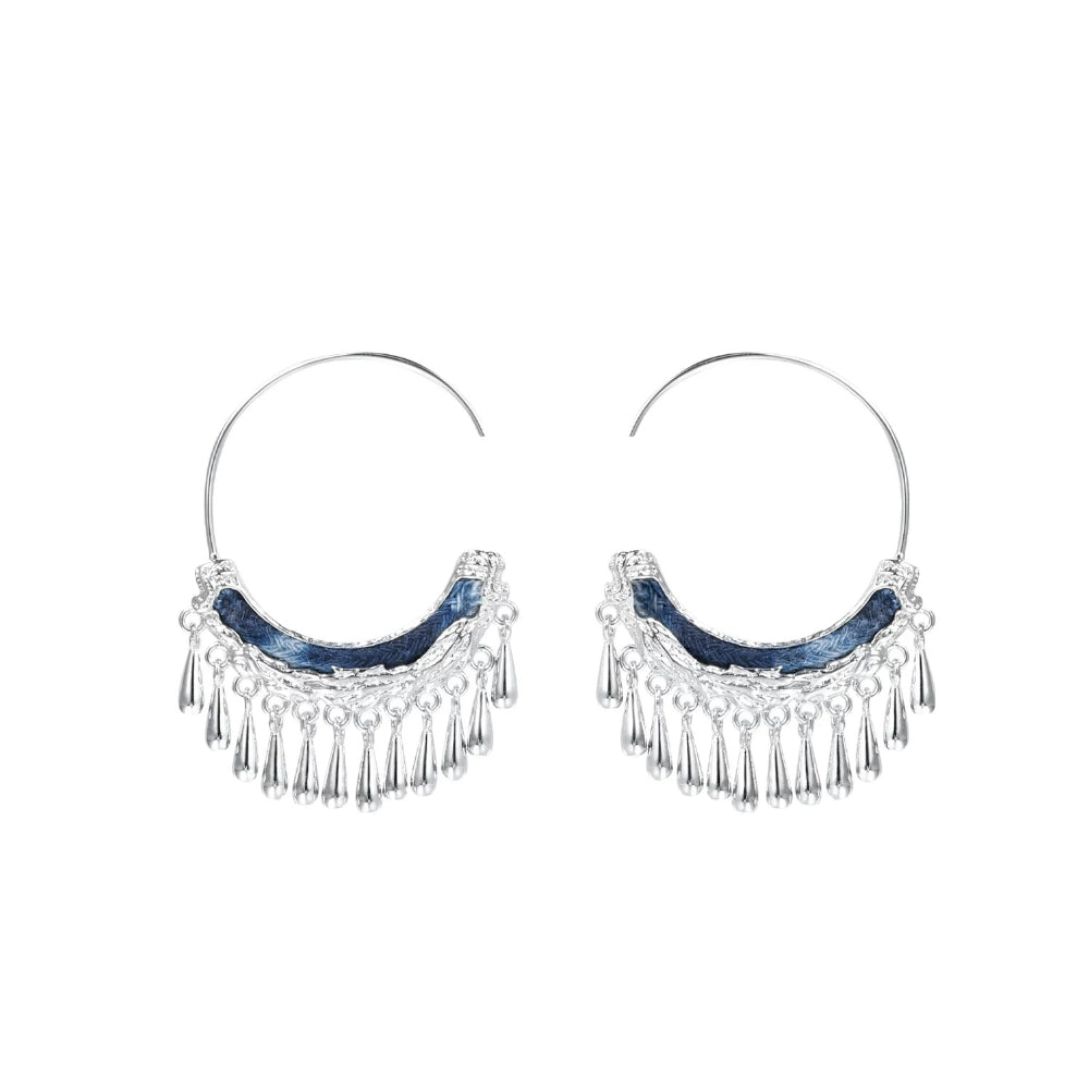 New Chinese Style Tassel Earrings – Vintage Ethnic Miao Tie-Dye Ear Clips, S925 Silver Needle