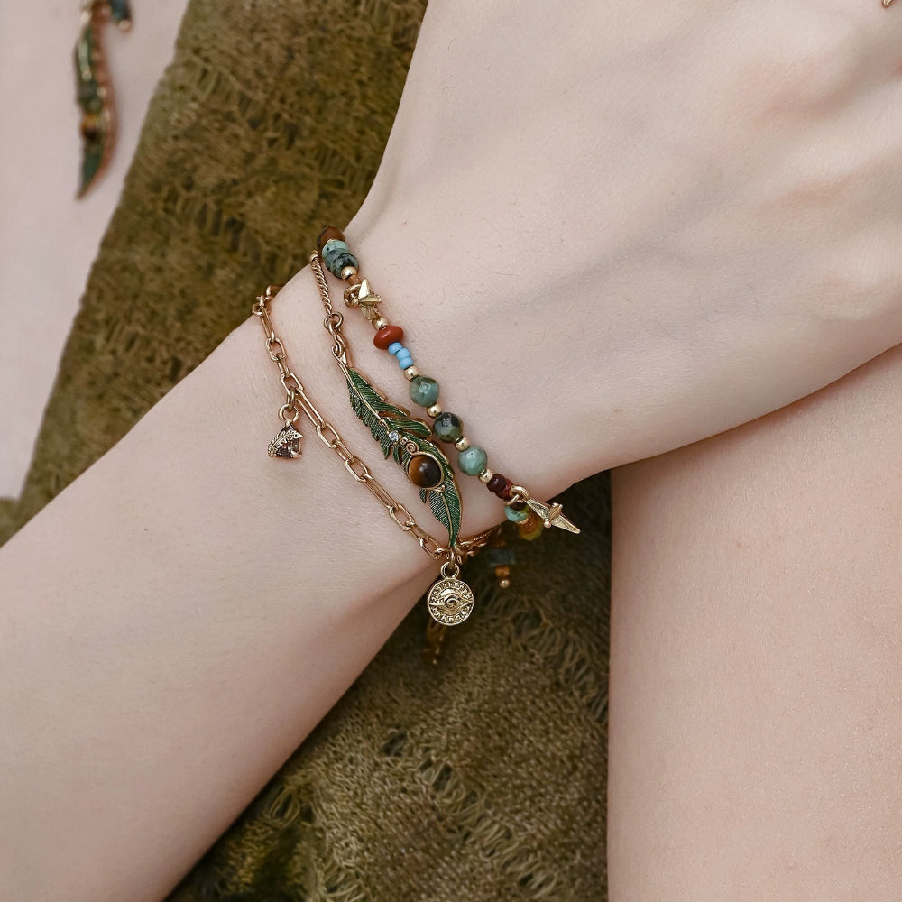 Vintage Enamel Feather Bracelet – Bohemian Tiger's Eye Beaded Chain, 20.5cm