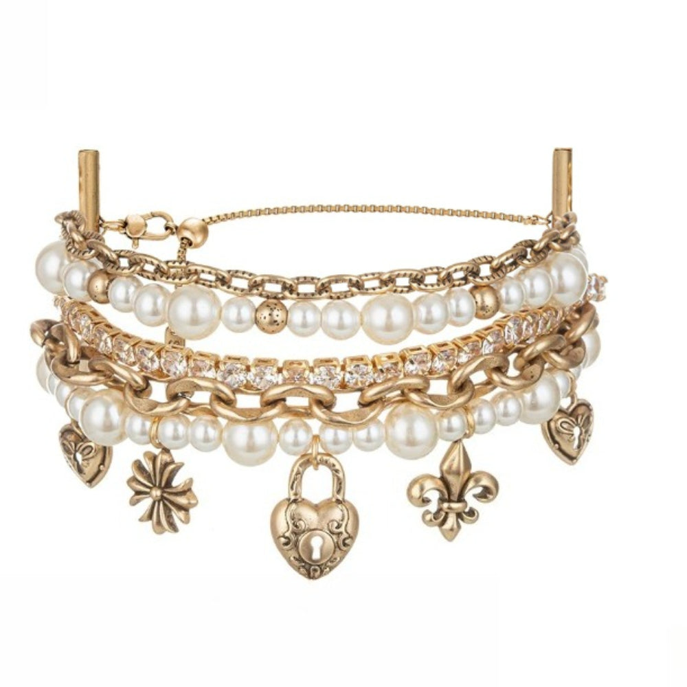 Love Lock Heart Pearl Pendant Bracelet – Multi-Layer Stackable, Copper Alloy, Glass Pearls & Cubic Zirconia