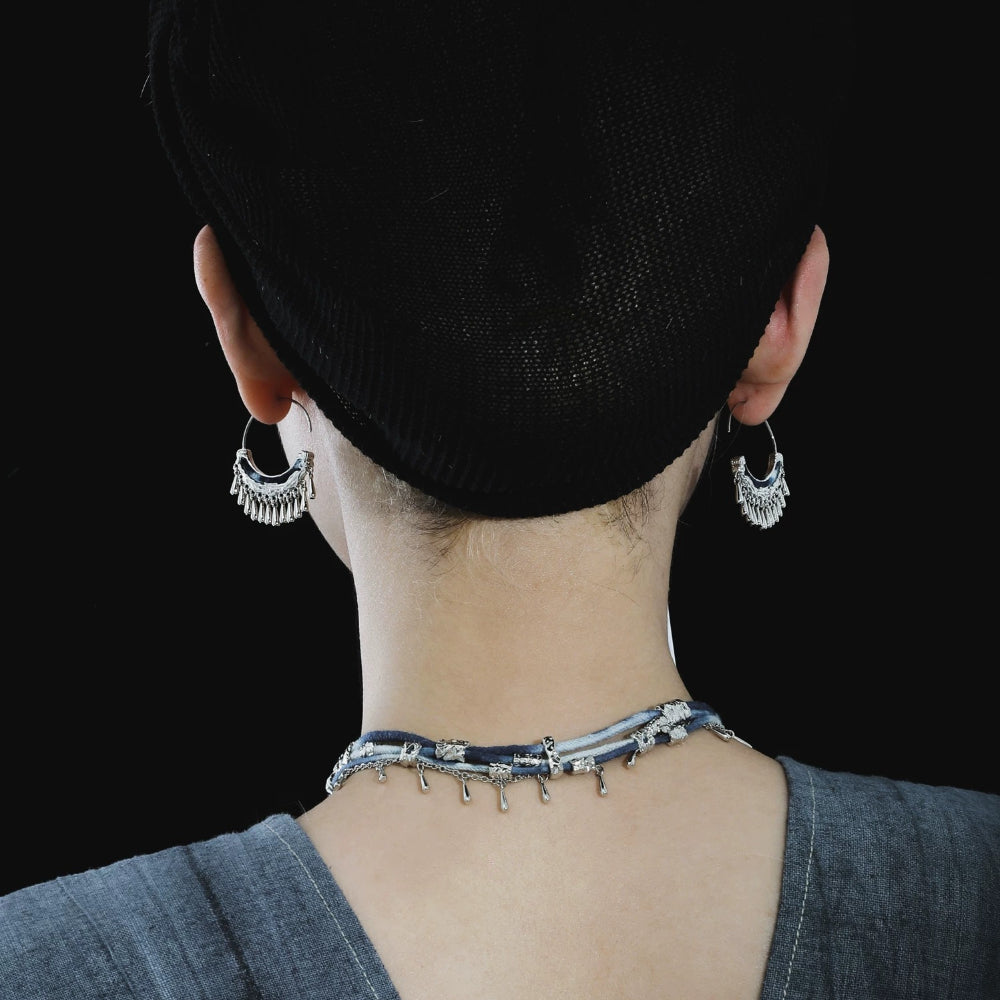 New Chinese Style Tassel Earrings – Vintage Ethnic Miao Tie-Dye Ear Clips, S925 Silver Needle