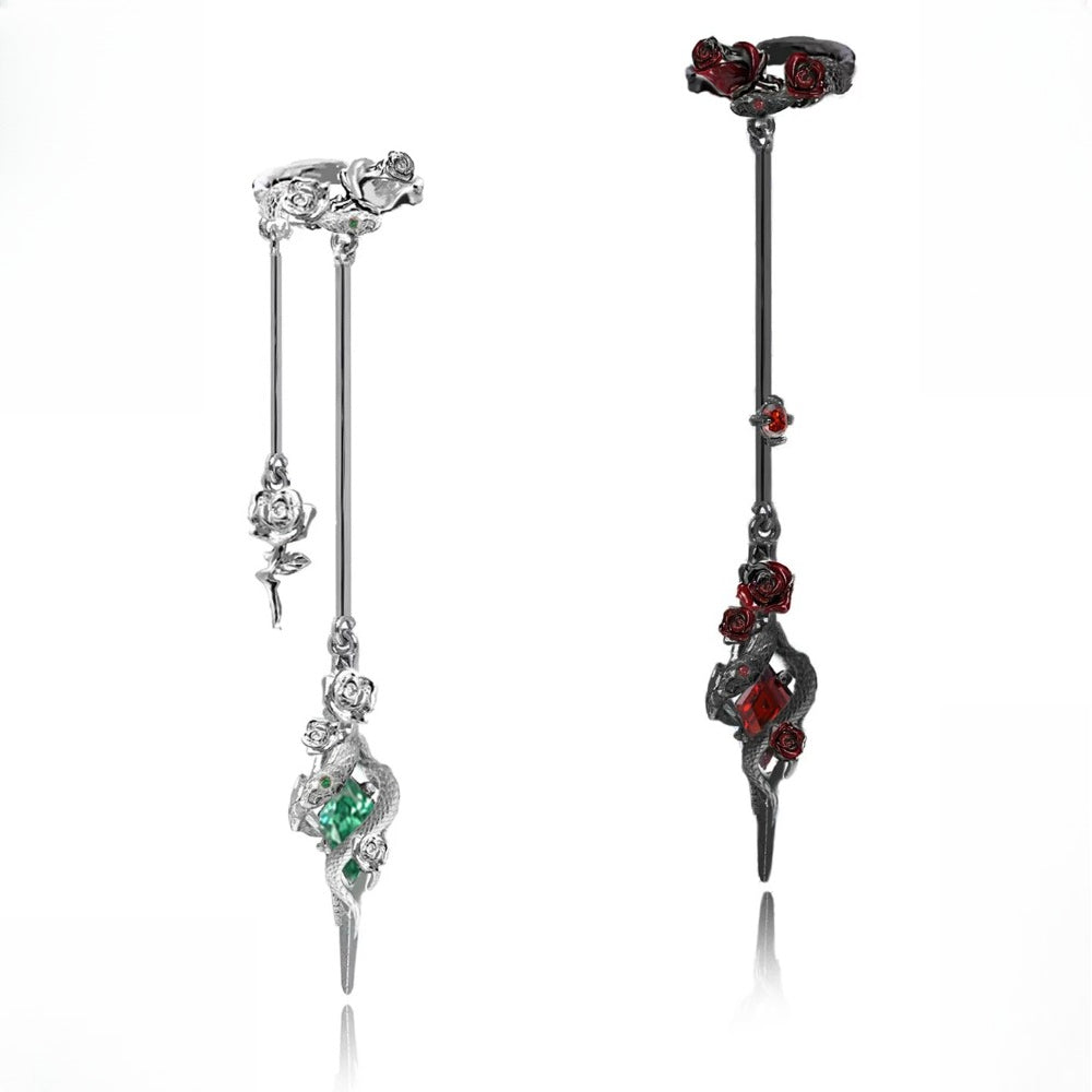 Snake & Rose Ear Cuff – Niche Gothic Ear Wrap for Non-Pierced Ears, Silver, 6.7cm