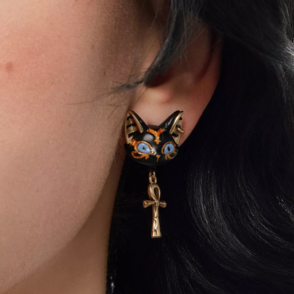 Egyptian Cat Earrings – Black & White Pharaoh Cat with Ankh, S925 Silver Needle, 3cm