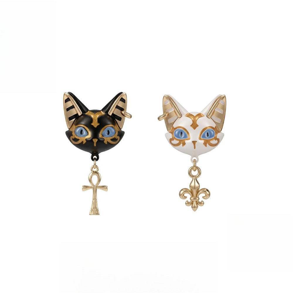 Egyptian Cat Earrings – Black & White Pharaoh Cat with Ankh, S925 Silver Needle, 3cm