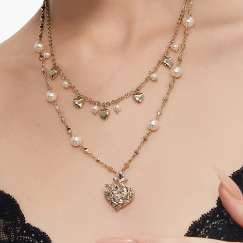 Angel Heart Double-Sided Relief Layered Necklace – Copper & Glass Pearls, Niche Clavicle Chain | 52.3+56cm