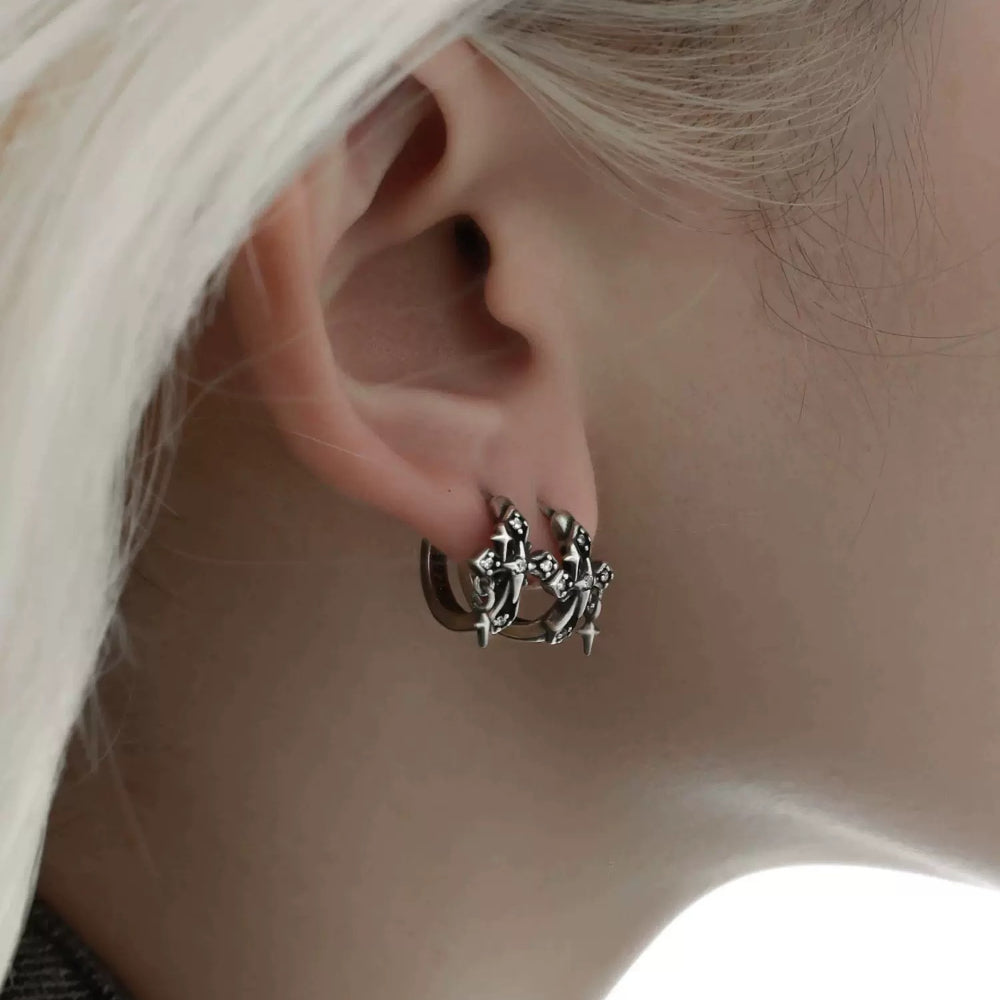 Oxidized Sterling Silver Iris Cross Ear Clips – Niche Designer Unisex Earrings, 925 Silver & CZ