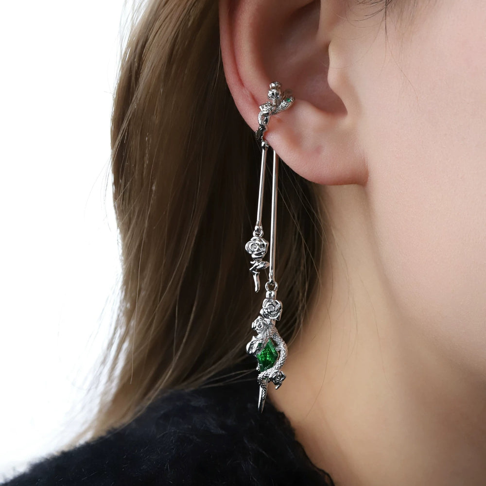 Snake & Rose Ear Cuff – Niche Gothic Ear Wrap for Non-Pierced Ears, Silver, 6.7cm