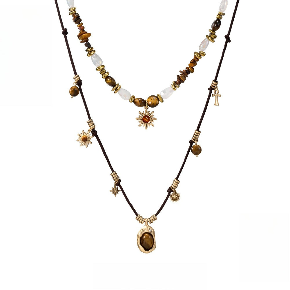 Tiger's Eye Double-Layer Beaded Necklace – Vintage Boho Sweater Chain for Women, 81cm & 35.5+8cm