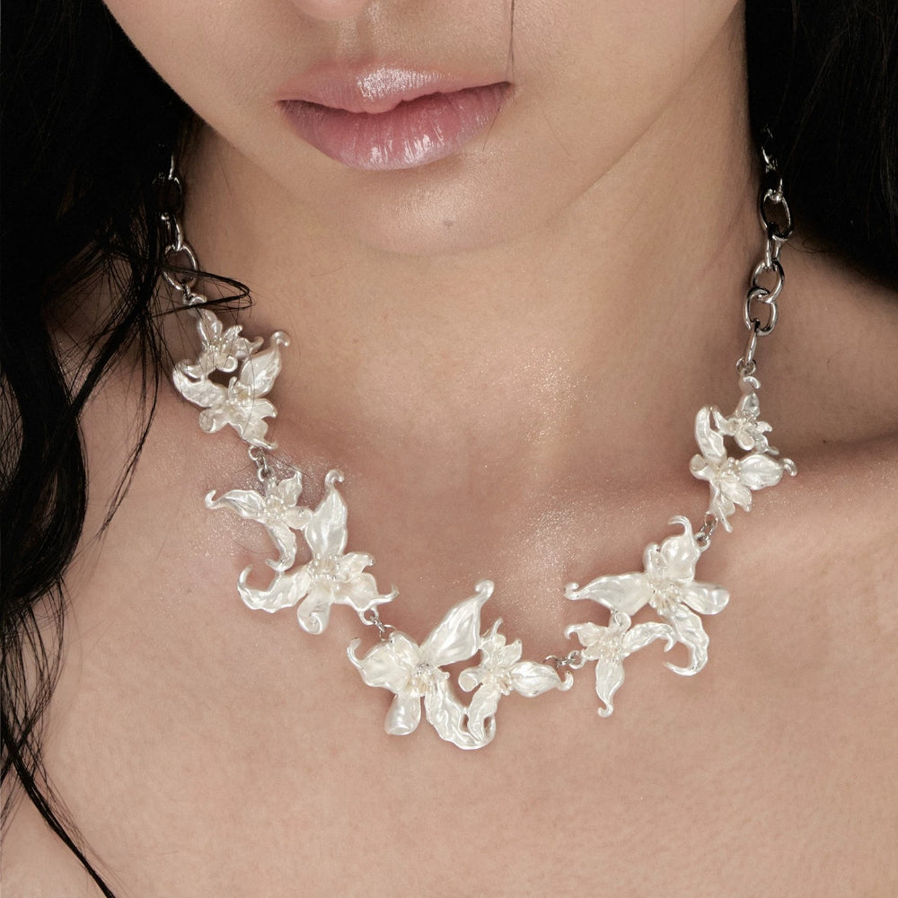 White Iris Choker Necklace – Pale Whisper Series, Vintage Floral Choker for Women, 39.5+8cm