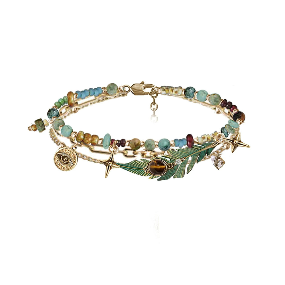 Vintage Enamel Feather Bracelet – Bohemian Tiger's Eye Beaded Chain, 20.5cm