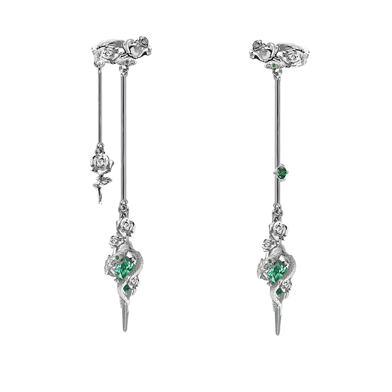 Snake & Rose Ear Cuff – Niche Gothic Ear Wrap for Non-Pierced Ears, Silver, 6.7cm