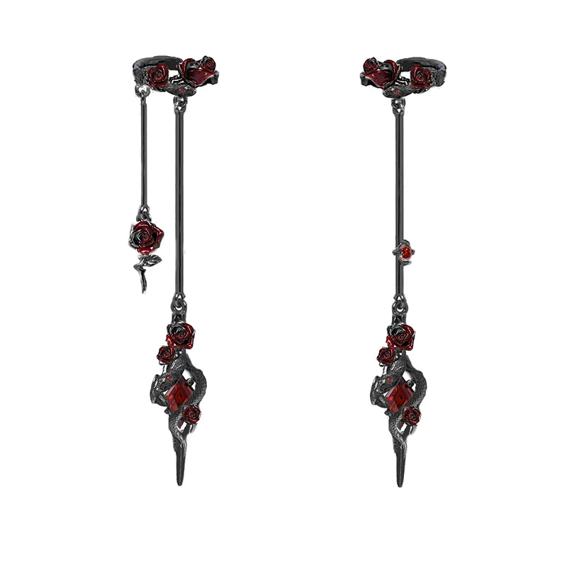 Snake & Rose Ear Cuff – Niche Gothic Ear Wrap for Non-Pierced Ears, Silver, 6.7cm
