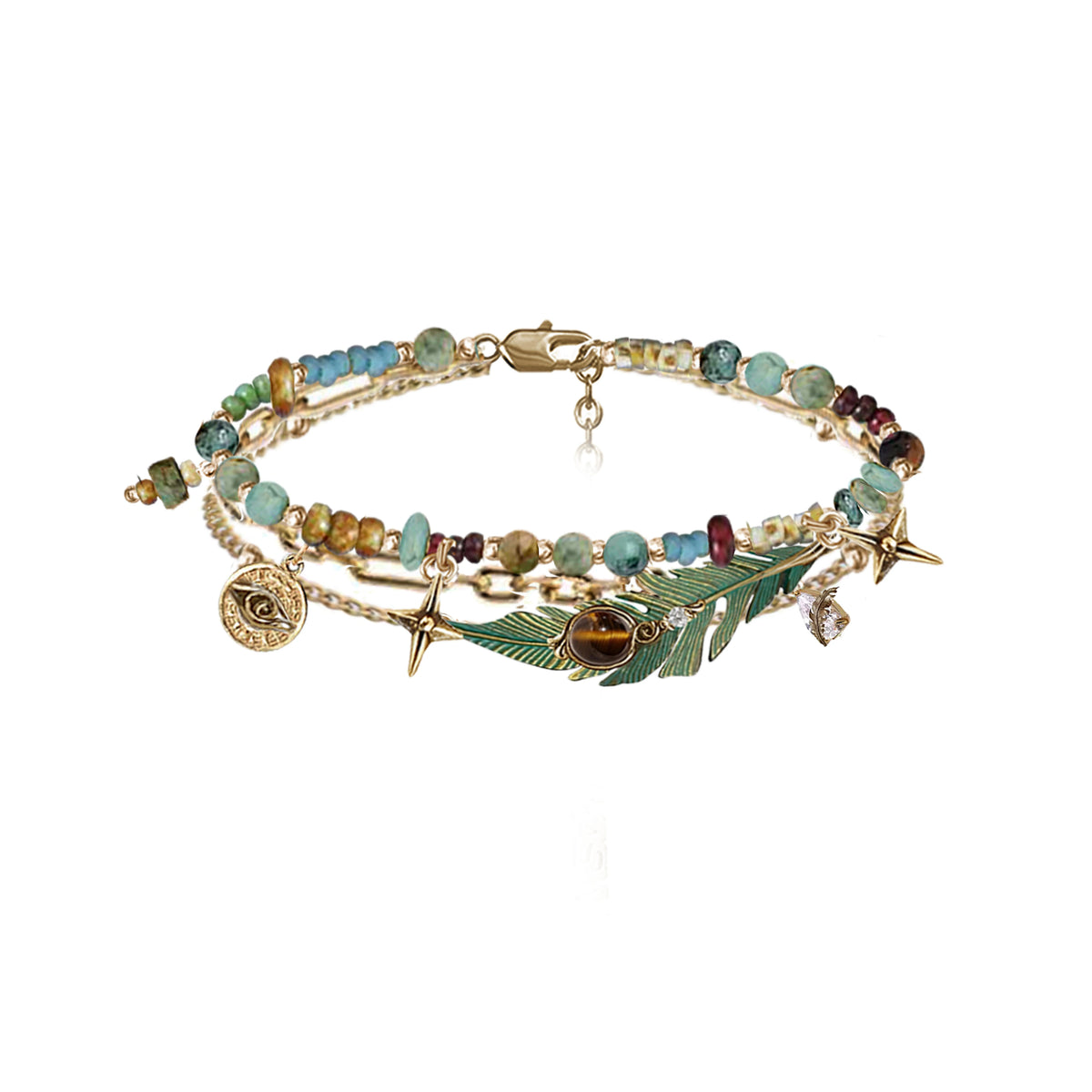 Vintage Enamel Feather Bracelet – Bohemian Tiger's Eye Beaded Chain, 20.5cm