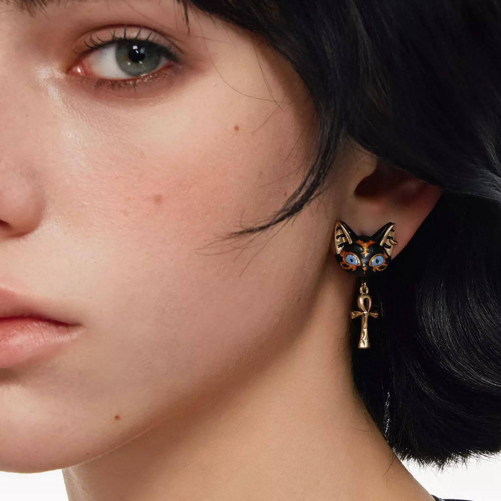 Egyptian Cat Earrings – Black & White Pharaoh Cat with Ankh, S925 Silver Needle, 3cm
