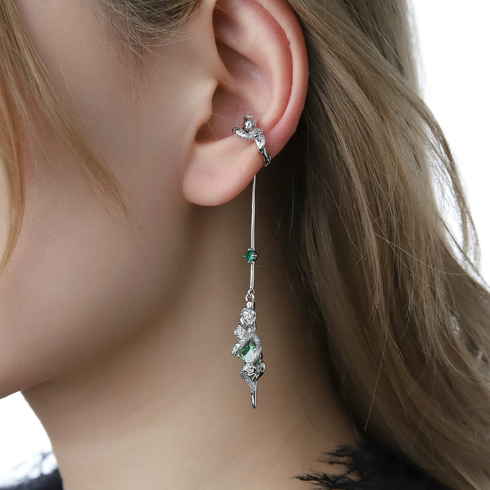 Snake & Rose Ear Cuff – Niche Gothic Ear Wrap for Non-Pierced Ears, Silver, 6.7cm