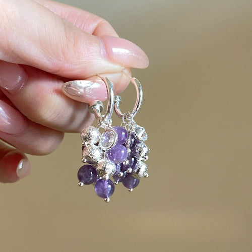 Artisan Purple Grape Cluster Hoop Earrings | Niche Designer Dangle Earrings | Vintage Light Luxury Accessories