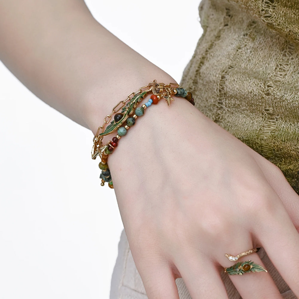 Vintage Enamel Feather Bracelet – Bohemian Tiger's Eye Beaded Chain, 20.5cm