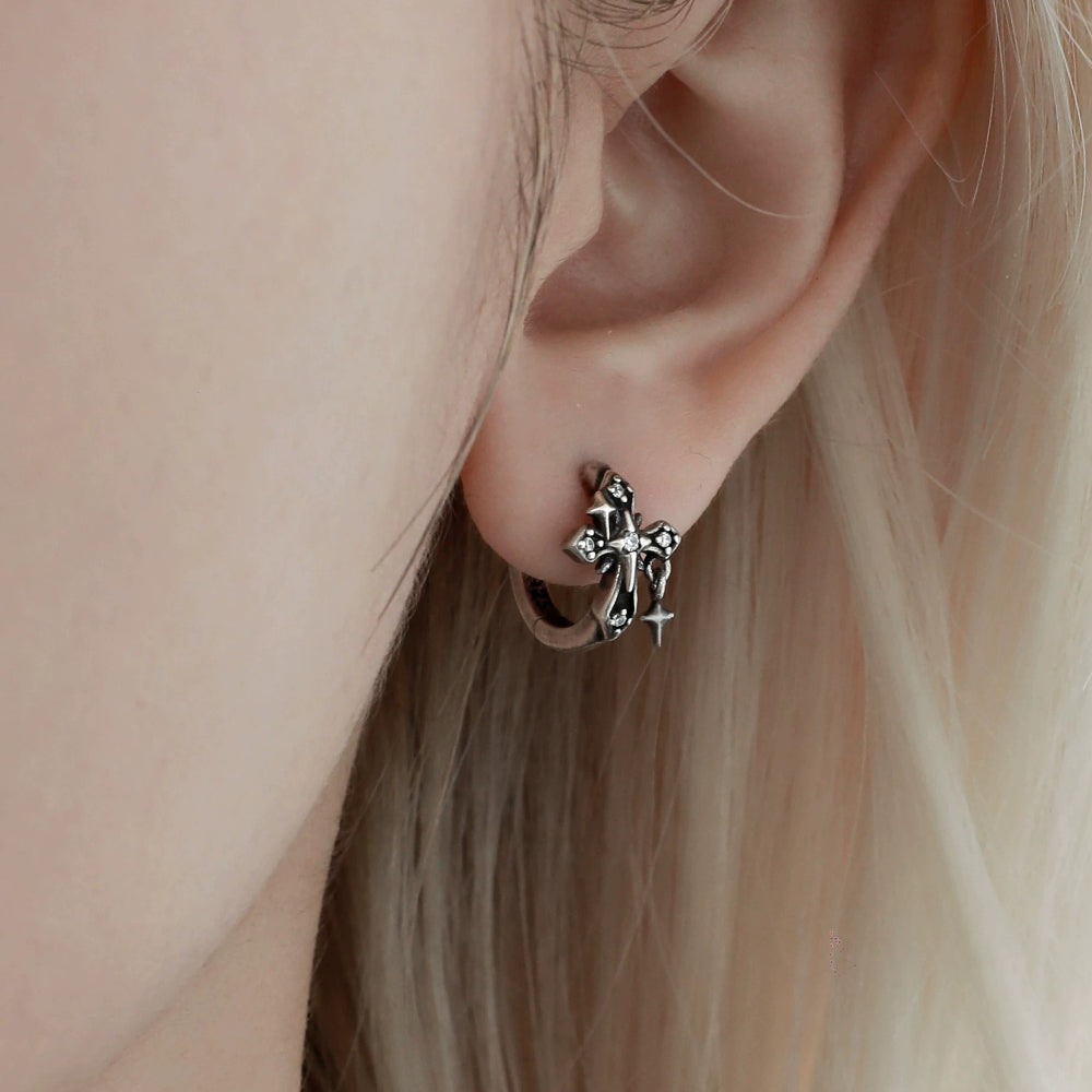 Oxidized Sterling Silver Iris Cross Ear Clips – Niche Designer Unisex Earrings, 925 Silver & CZ