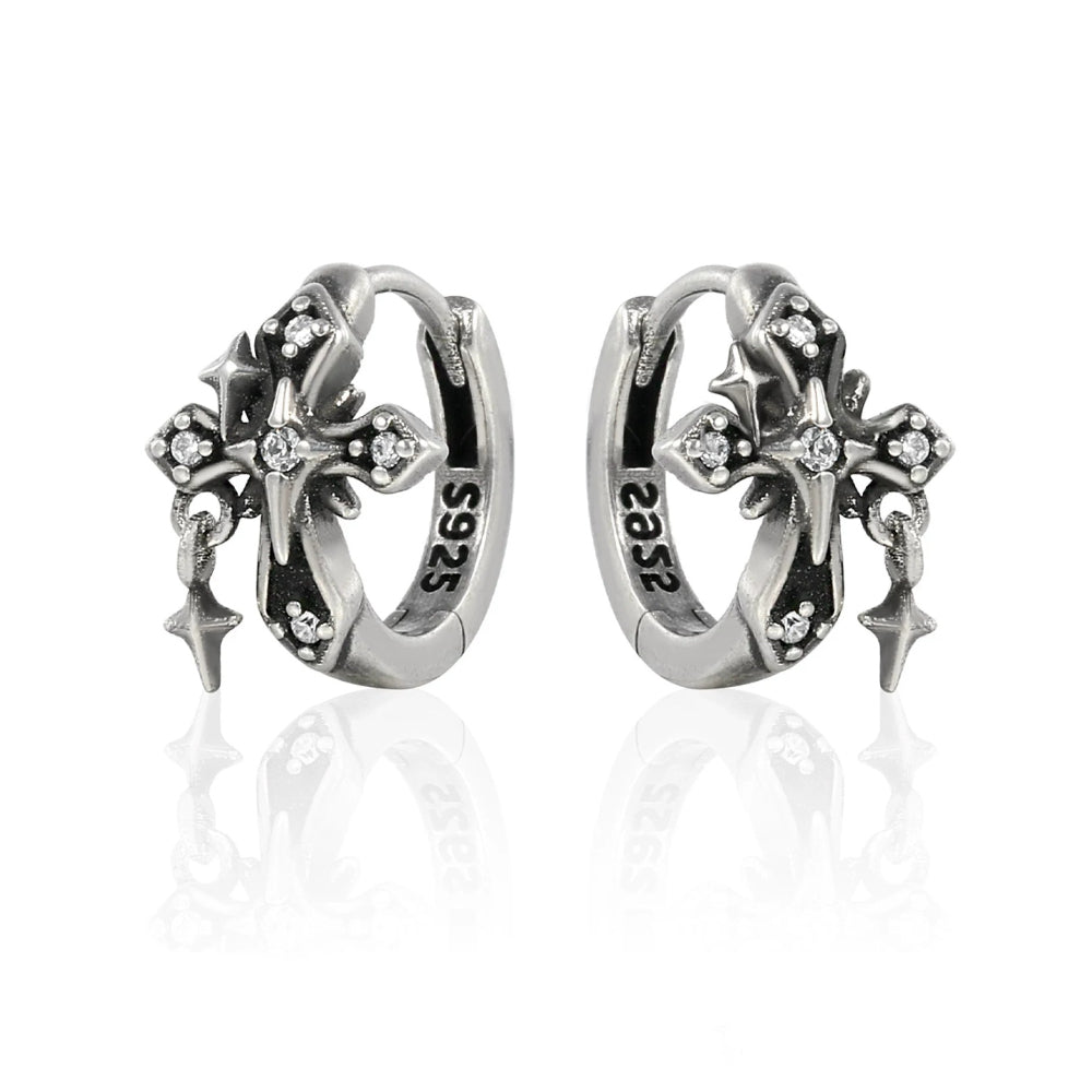 Oxidized Sterling Silver Iris Cross Ear Clips – Niche Designer Unisex Earrings, 925 Silver & CZ